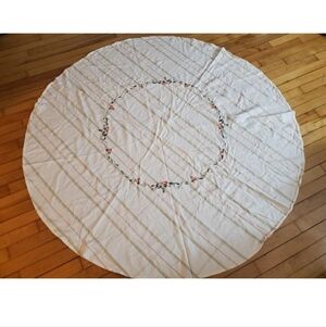 Bella Ivory Strip Floral 65" Round Embroidery Tablecloth Cotton